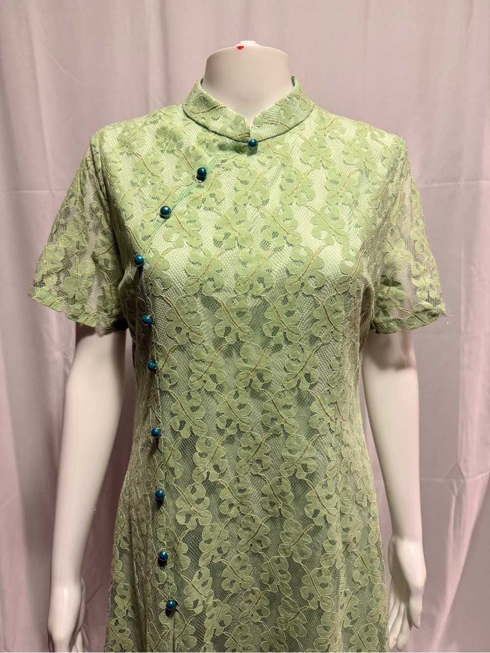 Light Green Lace Cheongsam Style Dress with Turquoise Buttons